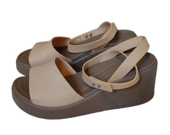 CROCS Shoes - Crocs Brooklyn Women Wedge Sandals Size 10 Tan/Beige Ankle Strap Open Toe